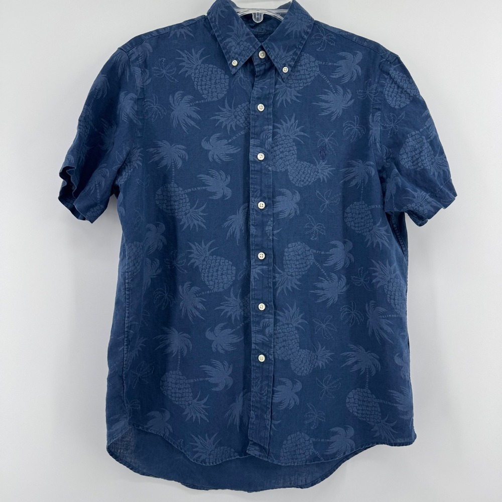Ralph Lauren Button Down Mens Medium Blue 100% Linen Tropical Pineapple Shirt